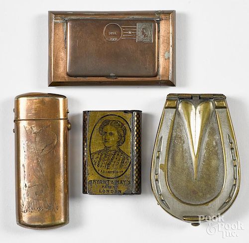 Four miscellaneous match vesta safes, to include a Bryant and May's tin example with a portrait