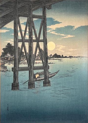 Japanese Print: Ryogoku Bridge and Full Moon 