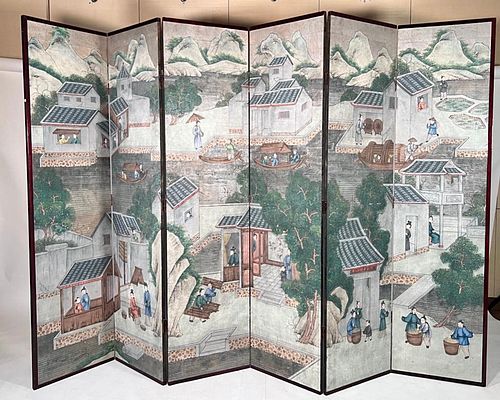 Chinese Antique Six-fold Screen with Village Scene 