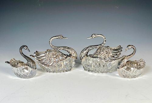 Four Silver and Crystal Swan Salts