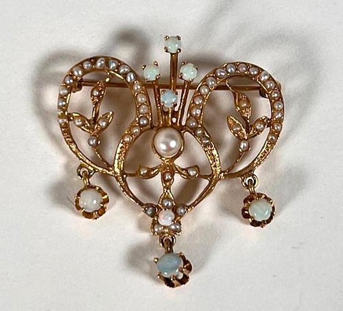 Gold, Opal and Seed Pearl Victorian Brooch