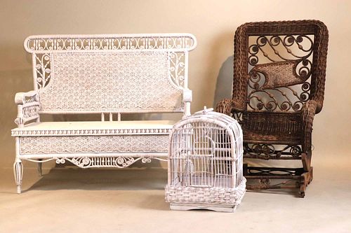 White Painted Wicker Bench