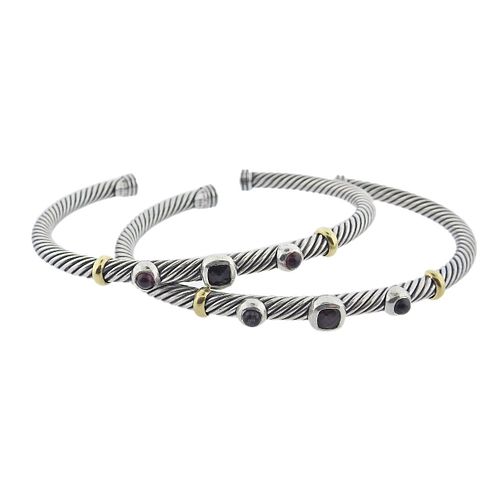 David Yurman Silver 18k Gold Garnet Onyx Cable Bracelet Set