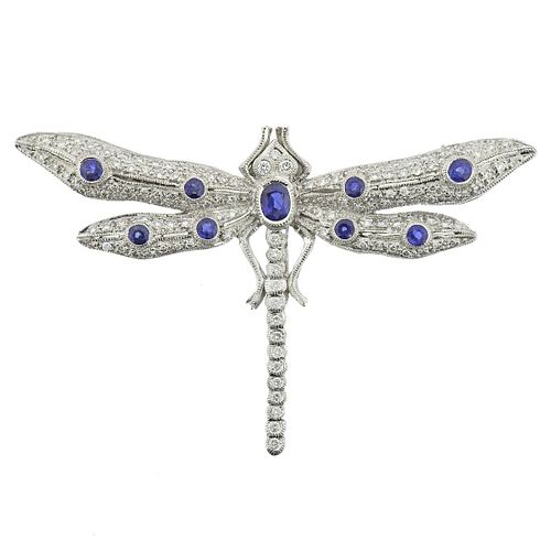 18k Gold Diamond Sapphire Dragonfly Brooch