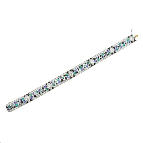 Platinum Deco Style Diamond Emerald Sapphire Bracelet