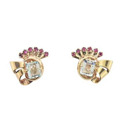 Retro 14k Gold Aquamarine Ruby Earrings