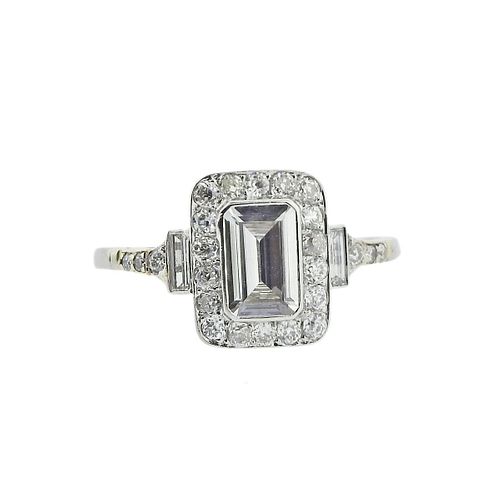 Art Deco Platinum Emerald Cut Diamond Engagement Ring