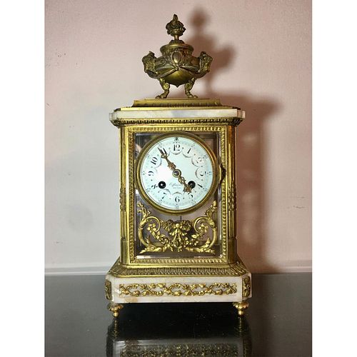 Antique 19th c. Tiffany & Co Mantel Clock Gilt Bronze & Marble, Enamel Face