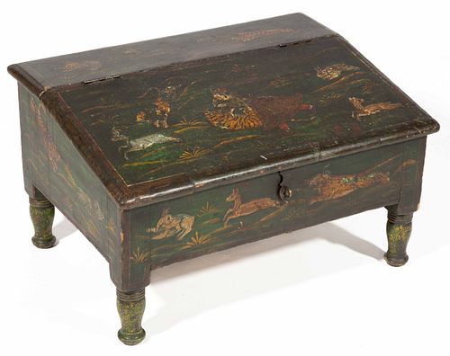 INDO-EUROPEAN DECORATED MIXED-WOOD TABLE-TOP WRITING DESK,