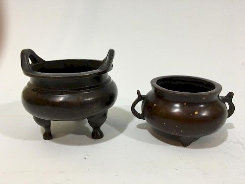 ANTIQUE Chinese Pair Bronze Censers, Xuande/Qianlong marks 中国古代两只青铜香炉，宣德 /乾隆款