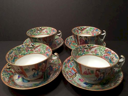ANTIQUE Chinese Large Cups and Saucers (4 sets), early 19th century 中国古代的大杯子和碟子（4件），19世纪初