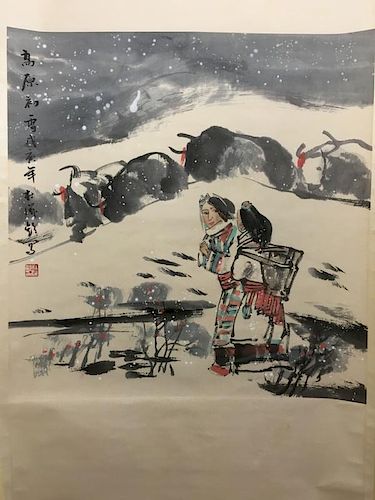 A Fine Chinese Water Color scroll painting on Plateau and Women, marked and signed. 高原与女性的中国水彩画，有款和签名。