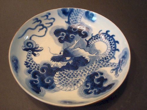 ANTIQUE Chinese Blue and White Dragon Shallow Bowl, Kangxi marked and period. 6 1/2" W x 1 1/2" H 中国古代青花浅碗，康熙款。宽6.5 宽×