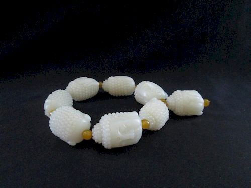 Old Chinese White Jade Bracelet. 8.5 cm long. Each bead: 2.5cm x 1.8cm x 1.8cm 中国古代白玉手镯。长8.5厘米，每个珠：2.5cm×1.8cm×1.8