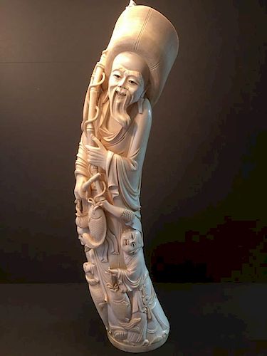 ANTIQUE Chinese Ivory Figurines with harvest scenens, 19th Century. 25" high 中国古代丰收纹饰象牙雕，19世纪，高25英寸