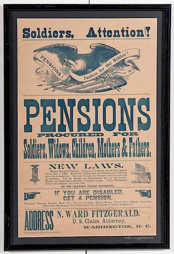 Post-Civil War Illustrated Broadside Advertising Pensions for Veterans 
