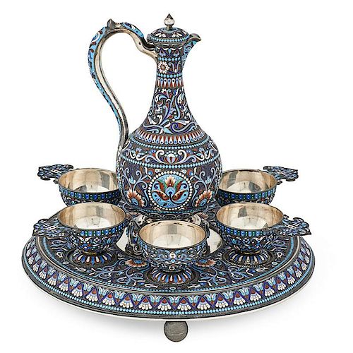 RUSSIAN IMPERIAL ENAMELED SILVER LIQUER SET