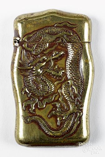Japanese embossed brass dragon match safe, 2 3/8'' h.