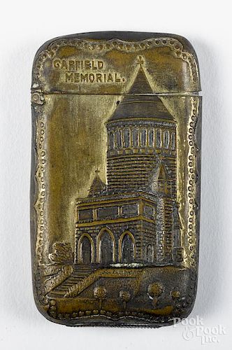 James Garfield embossed brass match vesta safe with an image of a Garfield statue