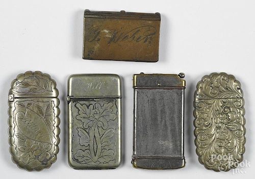 Five nickel silver and silver-plated match vesta safes, one engraved Will with foliate decoration
