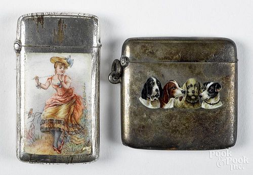 Silver-plated and enameled match vesta safe with an image of a young girl, 2 1/4'' h.