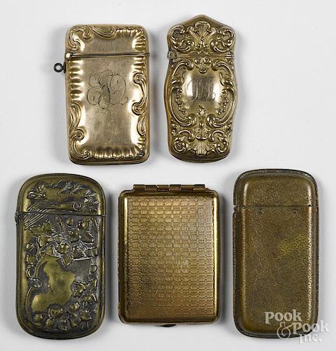 Five embossed brass match vesta safes, one is stamped Essix, with heavy art nouveau scrolls
