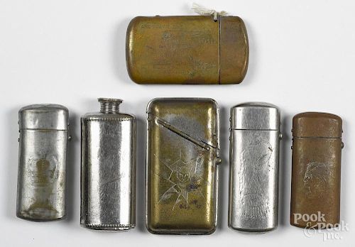 Six engraved match vesta safes, to include one with a fishing creel and net, one with a cat
