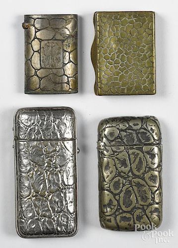 Four embossed nickel and silver-plated match vesta safes with pebbled scale decoration