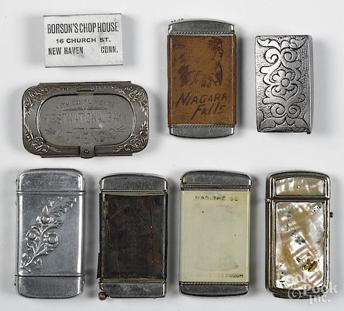 Eight miscellaneous match vesta safes, to include one advertising First National Bank Athens O.