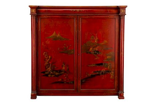 Red Chinoiserie Decorated Two Door Cabinet