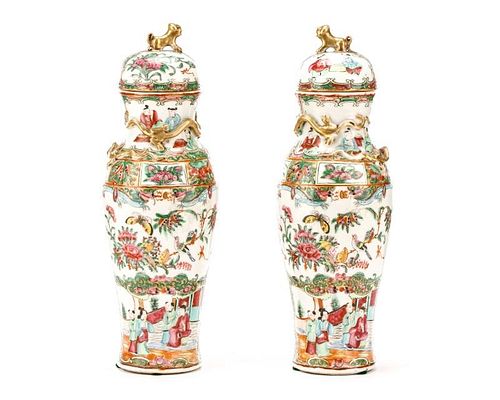 Pair, Chinese Rose Medallion Lidded Porcelain Jars