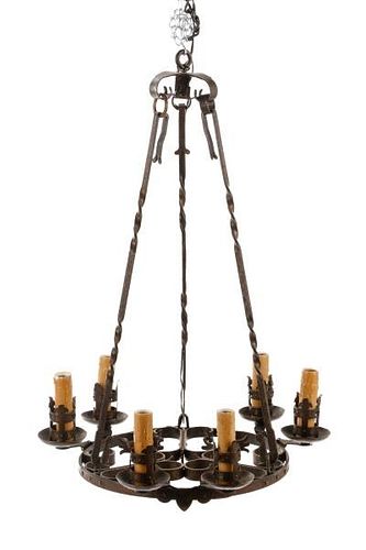 French Country Wrought Iron Six Light Chandelier