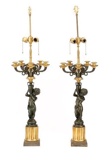 Pair, French Gilt & Patinated Brass Cherub Lamps