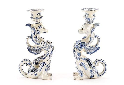 Pair of Unusual Delft Figural Candlestick, 18th C