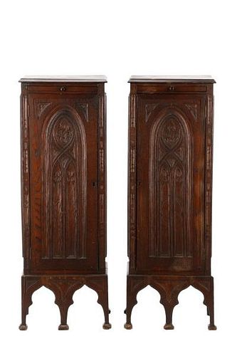Pair, English Gothic Revival Stained Oak Cabinets