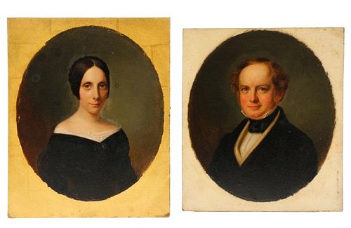 Pair Of Mated Portraits, Oil On Board, 1848