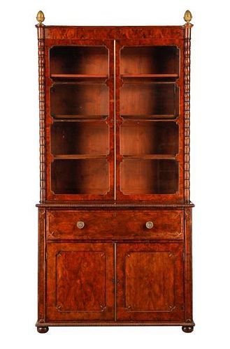 Regency Style Burl Walnut Secretaire Bookcase