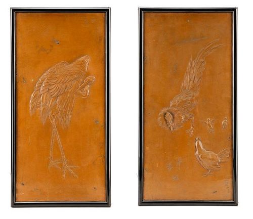 Pair of Japanese Chased Copper Panels, Signed