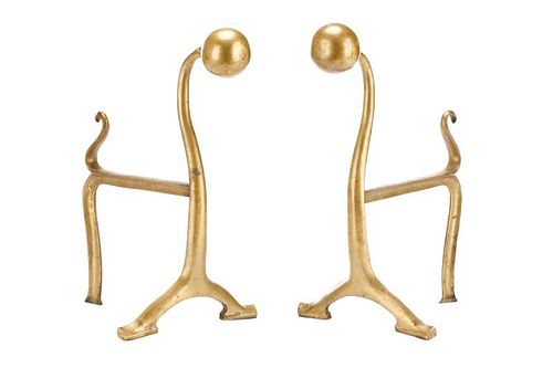 Pair, Modernist Brass Canine Figural Andirons