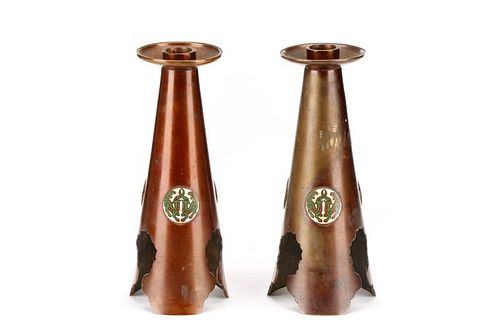 Pair, Arts & Crafts Copper Washed Candlesticks