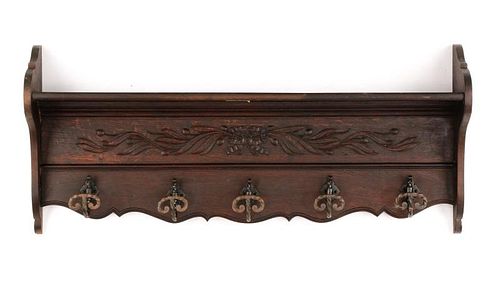 Carved Oak & Wrought Iron Wall Mounting Coat Rack