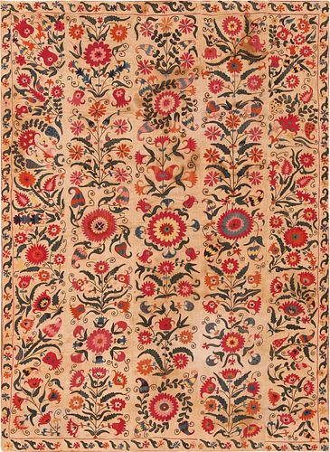 Antique Uzbek Silk Wool Suzani Textile Embroidery 7 ft 3 in x 5 ft 4 in (2.2 m x 1.62 m)