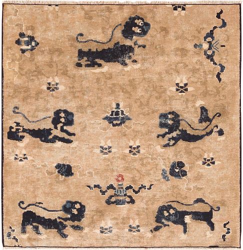 Early Chinese  Foo Dog Rug Fragment 3 ft 5 in x 3 ft 5 in (1.04m x 1.04m)