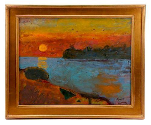David Brook, "Lakeside Sunset", Oil On Masonite