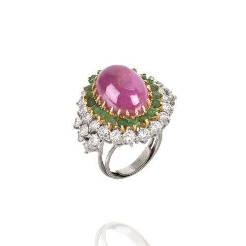 Ruby, Diamond, Emerald, 18K Ring