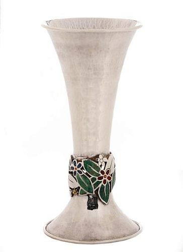 Los Castillo Silver & Vertu Trumpet Vase w/ Inlaid Stone