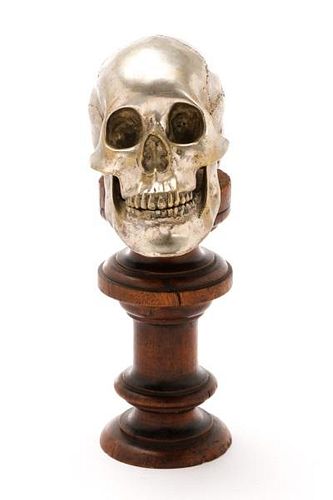 Contemporary Chrome Sculpture, "Skull On Pedestal"