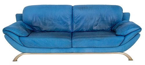 Natuzzi Post Modern Blue Leather Sofa / Couch