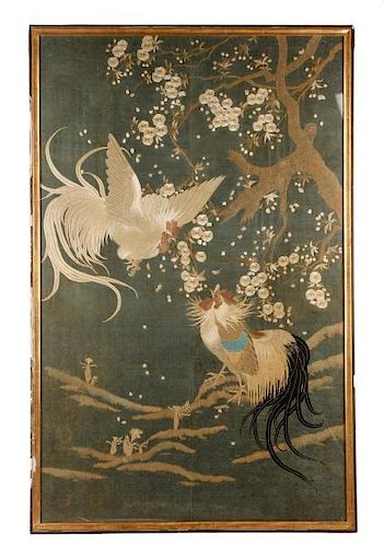 Exquisite Large Chinese Embroidery, Cocks Fighting