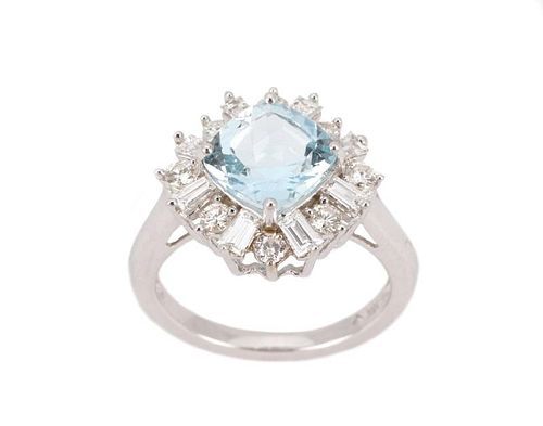 14k White Gold, Aquamarine & Diamond Cocktail Ring